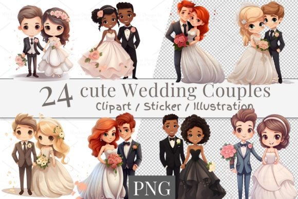 Charming Design Assets: 24 Cute Wedding Couple Clipart