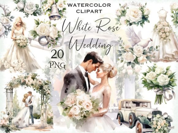 Elegant Watercolor White Rose Wedding Clipart for Designers