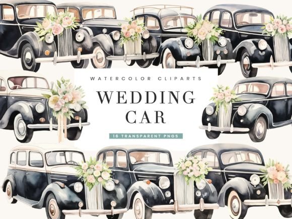 Watercolor Wedding Car Clipart Bundle for Elegant Designs