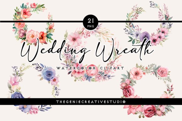 Watercolor Wedding Wreath PNG Clipart: 21 Designs for Your Projects